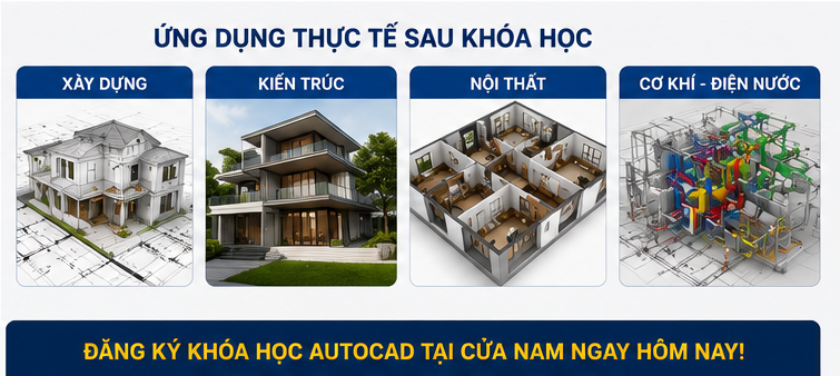 Khóa học Autocad tại Cửa Nam được thiết kế từ cơ bản đến nâng cao, giúp học viên nhanh chóng làm chủ phần mềm AutoCAD và áp dụng hiệu quả vào công việc thực tế.